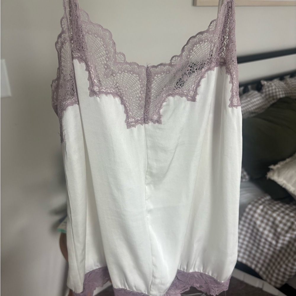 Free People White and Purple Bodysuit with Lace Trim